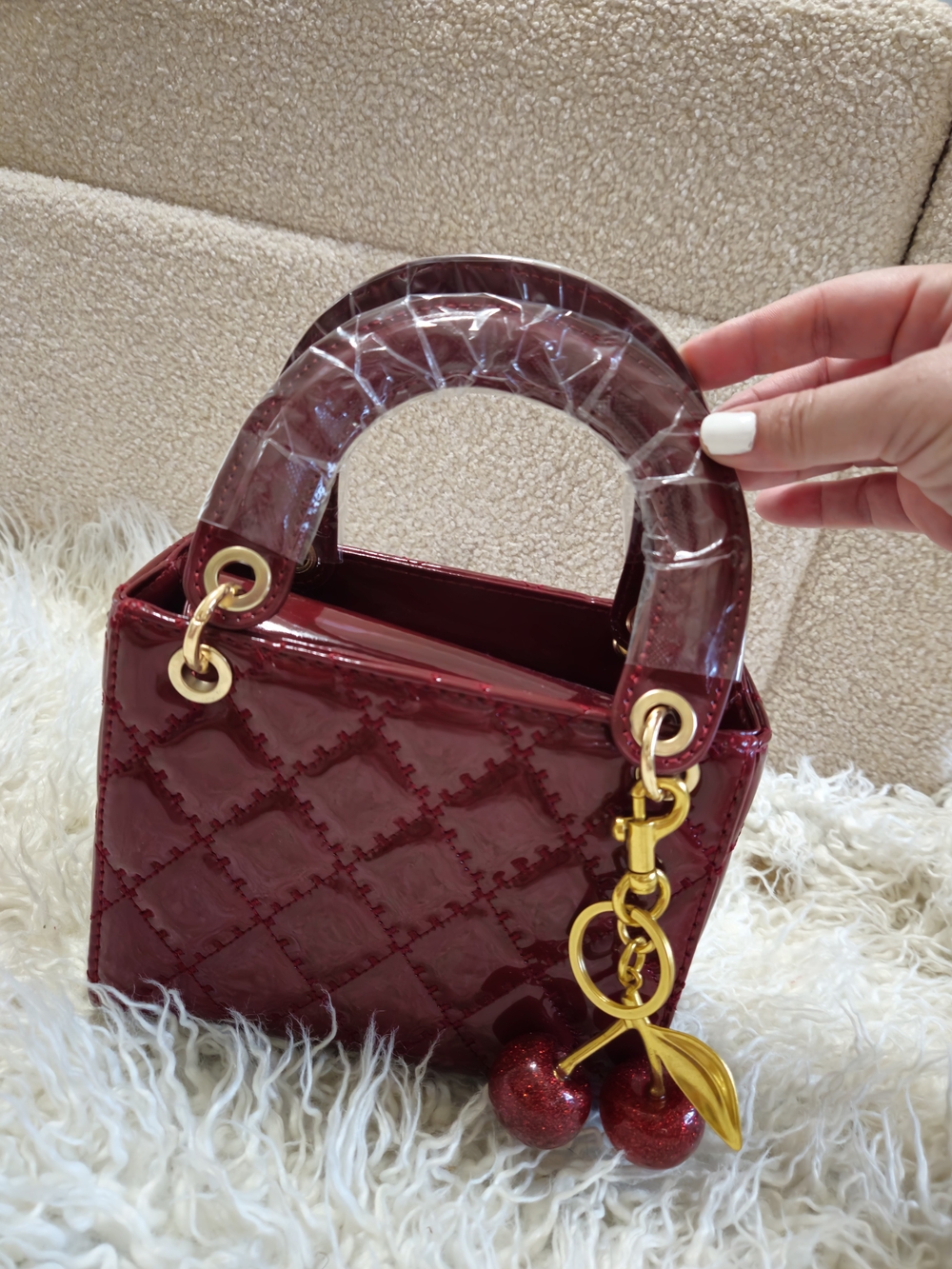Patent Cherry Red Top-Handle Women’s Bag with Gold Cherry Charm